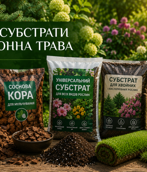 Кора, субстрати, газонна трава та декоративне каміння